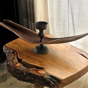 Unique handmade candle holder with vintage brass and natural Florida palm frond